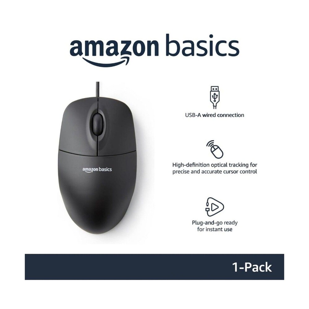 Amazon Basics 3-Button Wired USB Computer Mouse, Black - Picture 2 of 8